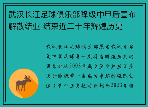 武汉长江足球俱乐部降级中甲后宣布解散结业 结束近二十年辉煌历史